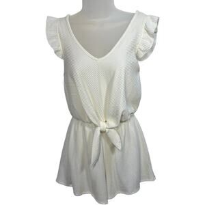 White Textured Ruffle Sleeve Romper Womens M Tie Waist Soft Girl Summer Playsuit